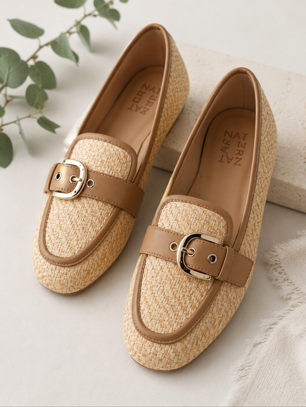 Naturalizer Lola Women’s Size 8M Raffia Woven Buckle Loafers Tan Flats